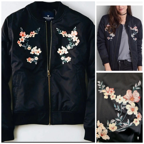 American Eagle Outfitters Jackets & Blazers - Y2k American Eagle Jacket‎ S Black Floral Embroidered Bomber Boho Festival New